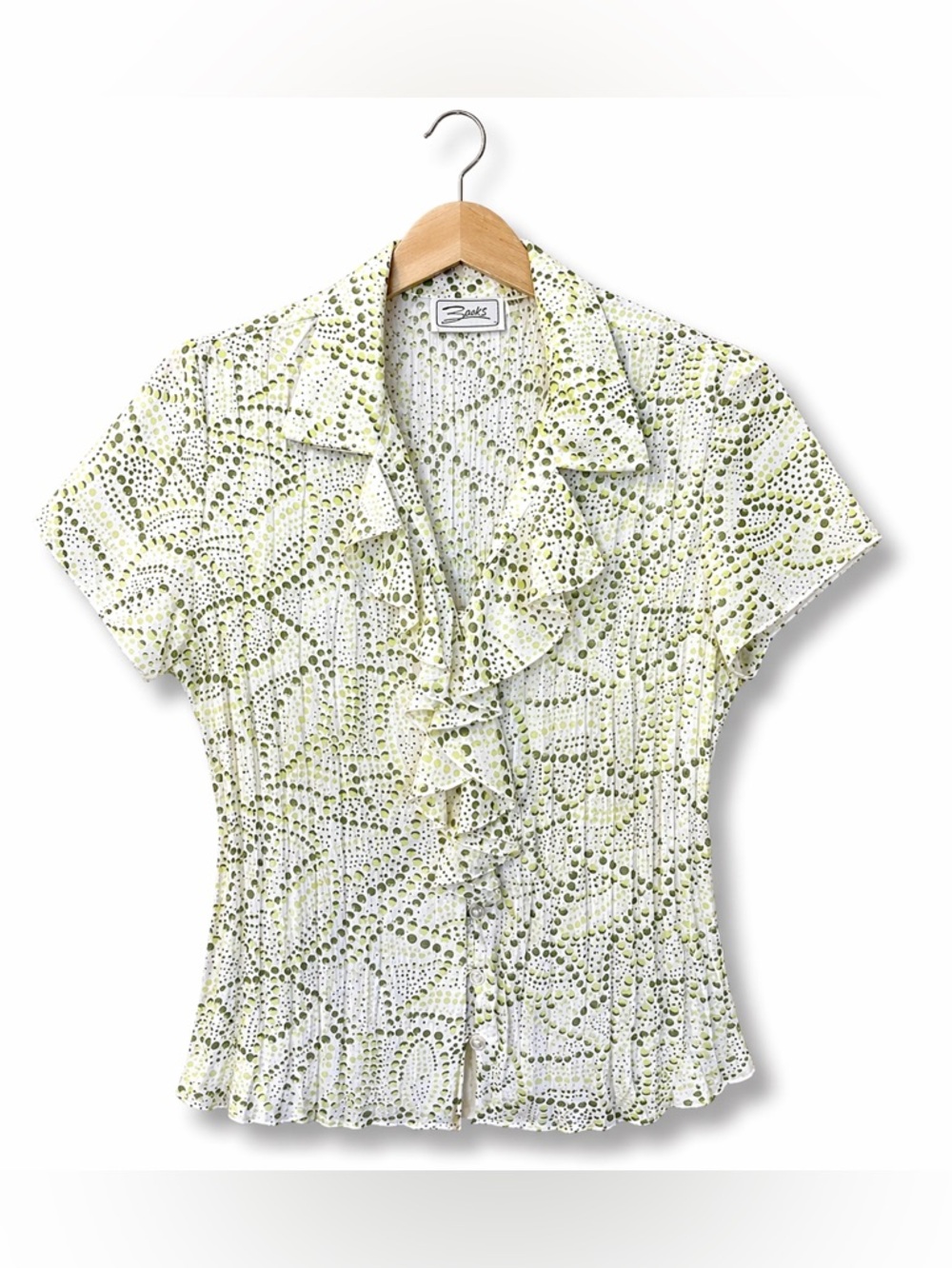 ZACKS Ruffle Blouse Top Green Print Pleated Vintage Boho S/M